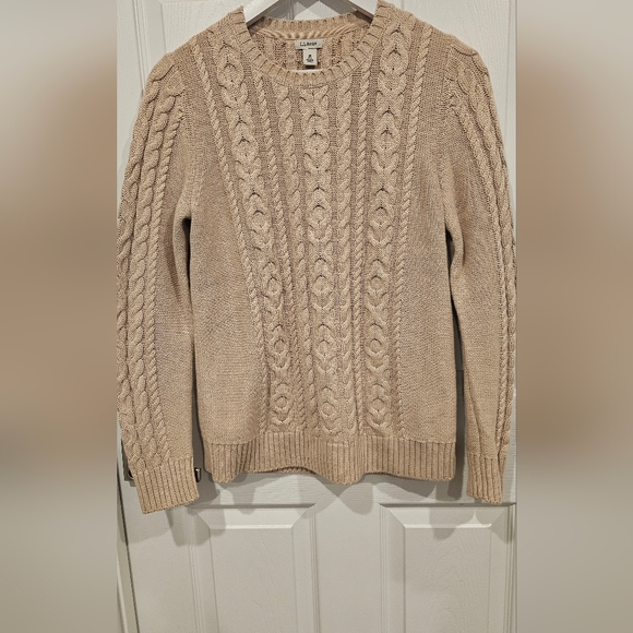NWOT L.L. Bean Women's 100% Cotton Cable Knit Fisherman Tan Crewneck Sweater-M - Picture 2 of 10